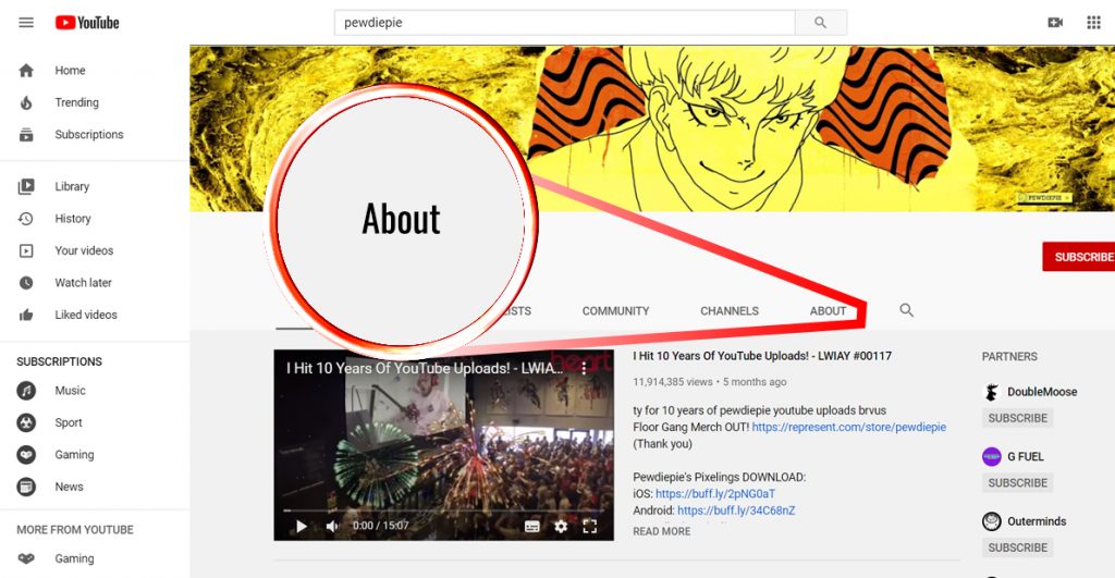 Screenshot with a zoom in on the about section of a Youtube channel