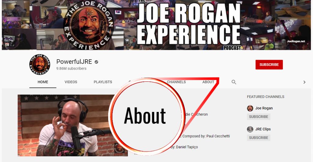 How to message someone on Youtube; screenshot of Joe Rogan's profile with an arrow on the about page