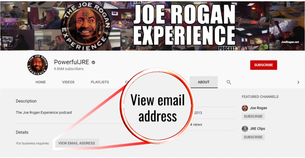 Screenshot on Joe Rogan's profile with an arrow on view email address button 