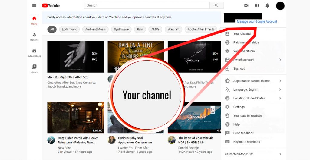 Screenshot of a youtube channel with an arrow on your channel button