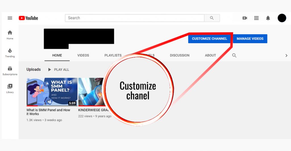 How to message someone on Youtube; screenshot of a youtube channel with an arrow on customize channel button