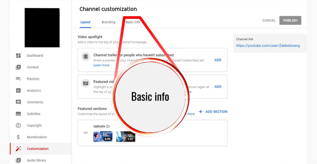 Screenshot of a youtube channel with an arrow on basic info pannel