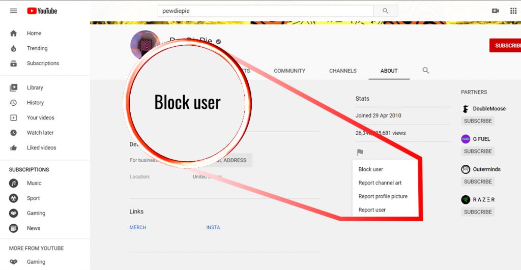 Screenshot of a youtube channel with a zoom in on the block user button