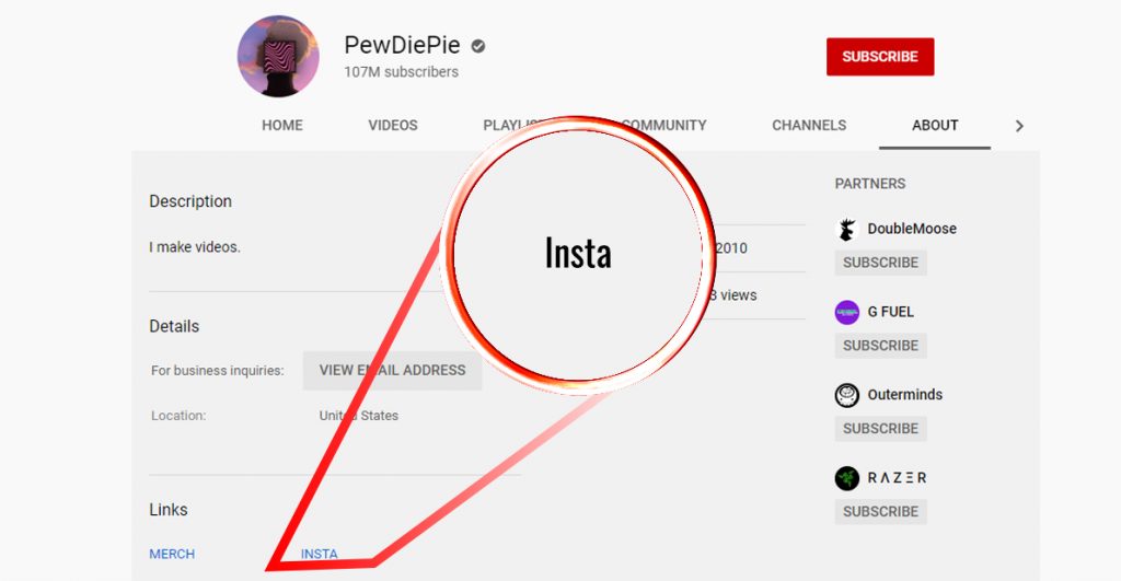 Screenshot of Pewdiepie's page with an arrow on IG account