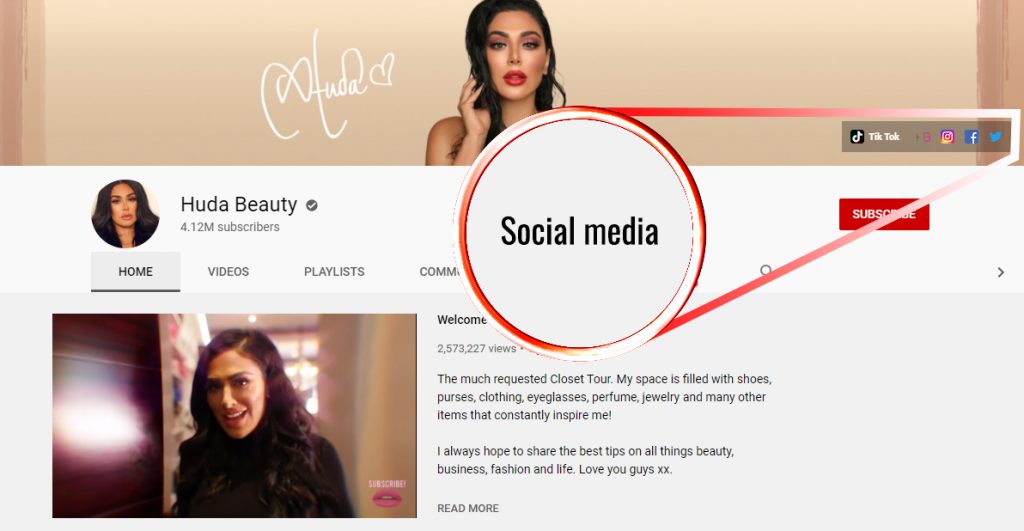 How to message someone on Youtube; screenshot of Huda Beauty's profile with an arrow on her social media icons 