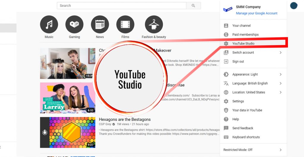 screenshot of how to find the Youtube studio button in your browser