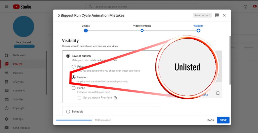 screenshot of how to create an unlisted video on youtube