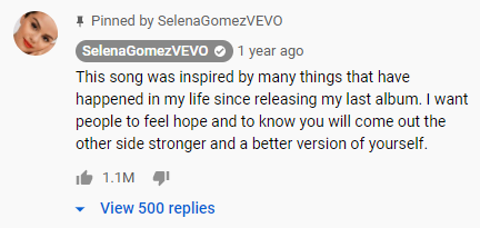 Screenshot of Selena Gomez's pinned comment under the video lose you to love me 