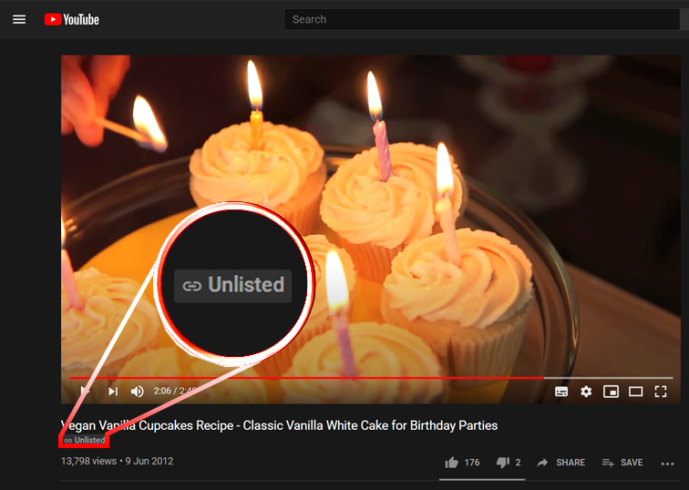 YouTube private vs unlisted : says Unlisted underneath a video title