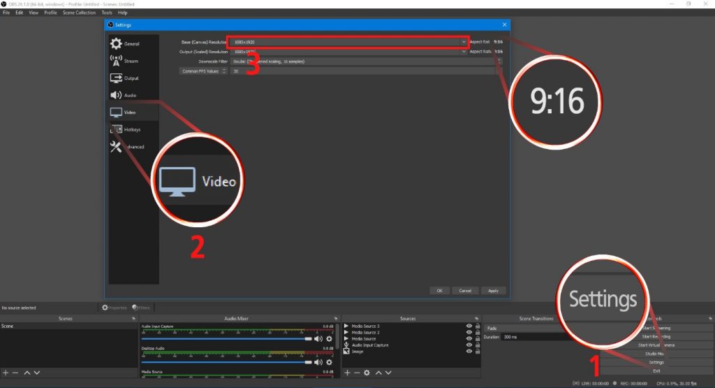 Make Shorts on PC with OBS Studio: steps 1-4