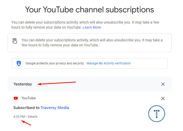 You will see the date and time for each YouTube channel 