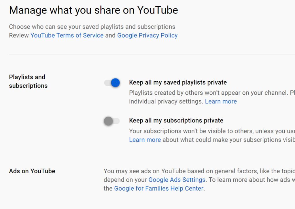 Change sharing settings on YouTube channel